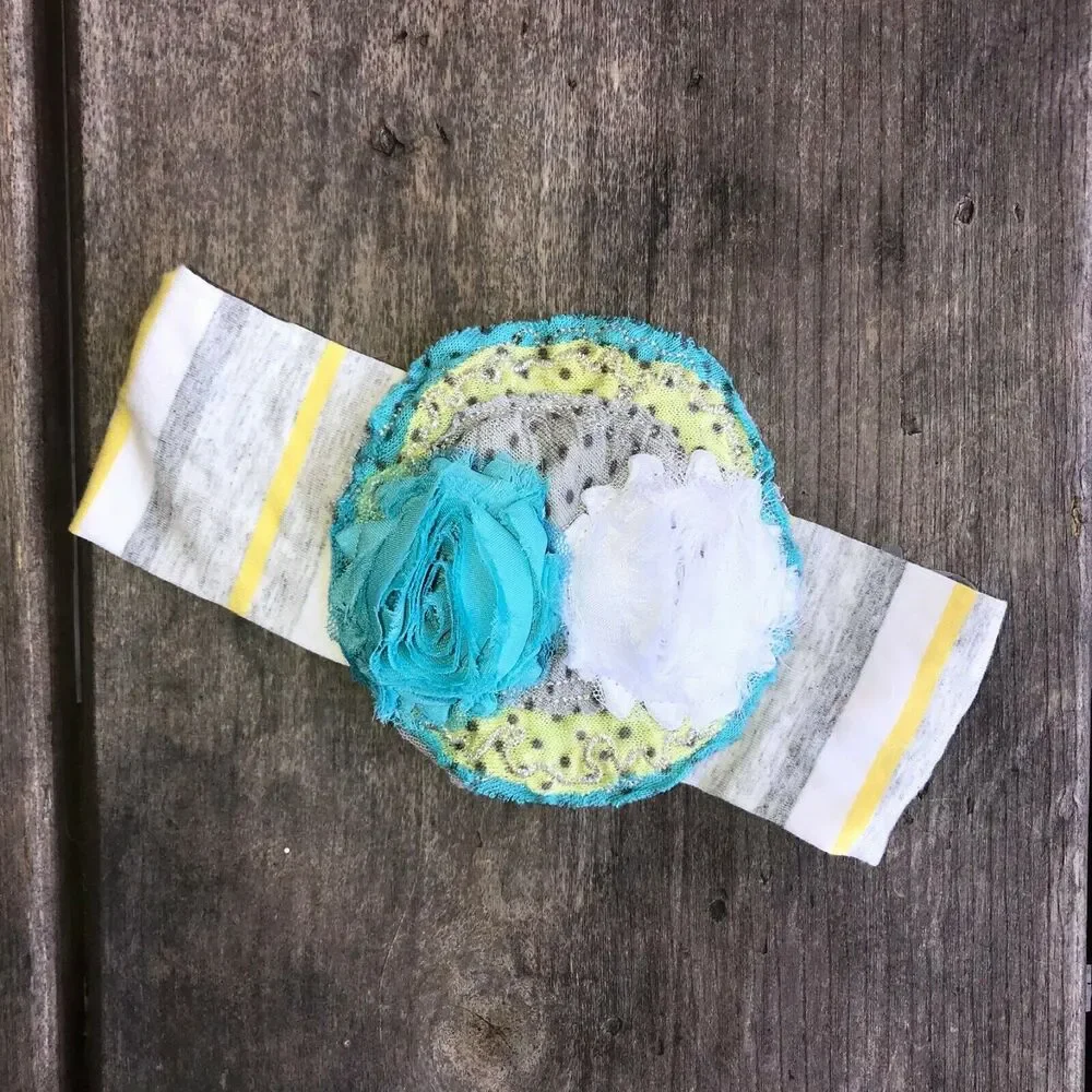 ZaZa Couture‎ Baby Girl Headband Aqua White Lime Rosette Lace Boutique Small